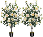 3.6FT Artificial Camellia Fake Tree, Artificial Plants & Flowers with 32 Yellow Pink Flowers for Door Front Decoration Porch Patio Living Room Office Indoor Outdoor Decor (2PCS Contains Faux Moss)