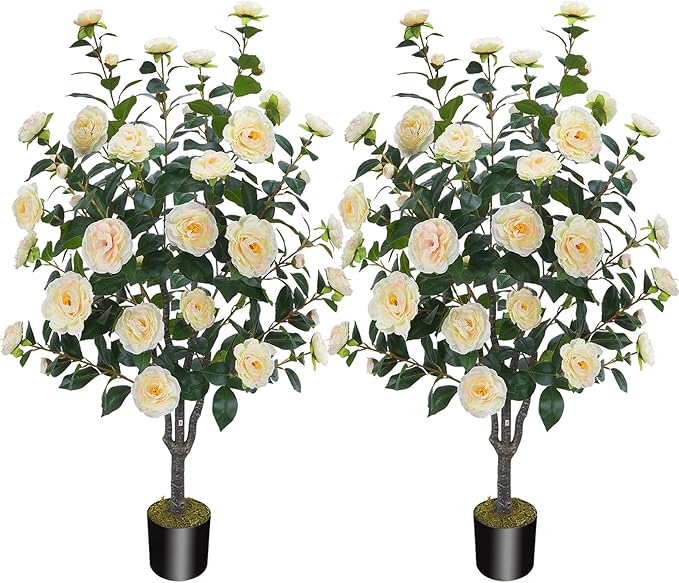 3.6FT Artificial Camellia Fake Tree, Artificial Plants & Flowers with 32 Yellow Pink Flowers for Door Front Decoration Porch Patio Living Room Office Indoor Outdoor Decor (2PCS Contains Faux Moss)