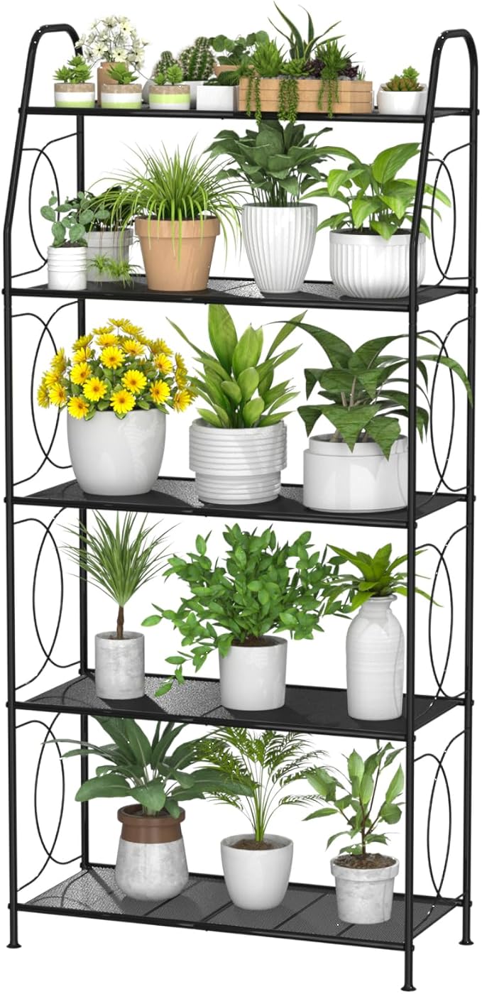 VyGrow 5 Tier Plant Stand Indoor Outdoor, Heavy Duty Plant Shelf, Metal Mesh Tall Plant Stands Holder Rack for Living Room Balcony and Garden, Black