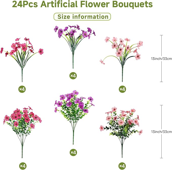 Alupssuc 24 Bundles Artificial Flowers for Outdoors Decoration, UV Resistant Silk Faux Daisy Flora Spring Fake Plastic Plants Greenery for Outside Indoor Yard Home Porch Window Box Decor(3 Colors)