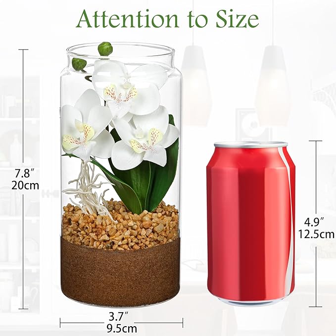 White Orchids Artificial Flowers with Vase, Small Faux Orchid Arrangement Fake Orchids Plant in Terrarium Jar Small White Orchid Centerpieces for Kitchen Dining Room Tables Bathroom Nightstand Decor