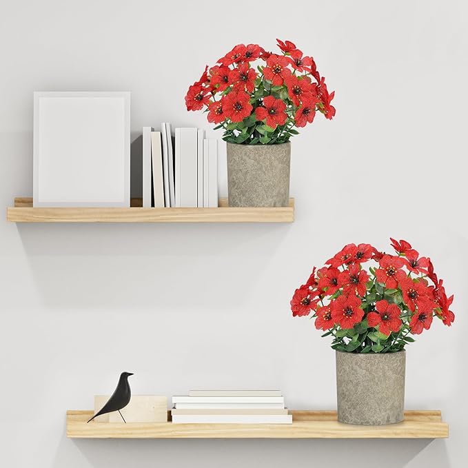 FAVOWREATH 2 Pack Small Fake Plants Potted Artificial Plants Artificial Flowers Potted Faux Flower Daisy with Eucalyptus Leaves for Home Decor Office Room Farmhouse Indoor Table Bathroom Decor（Red）
