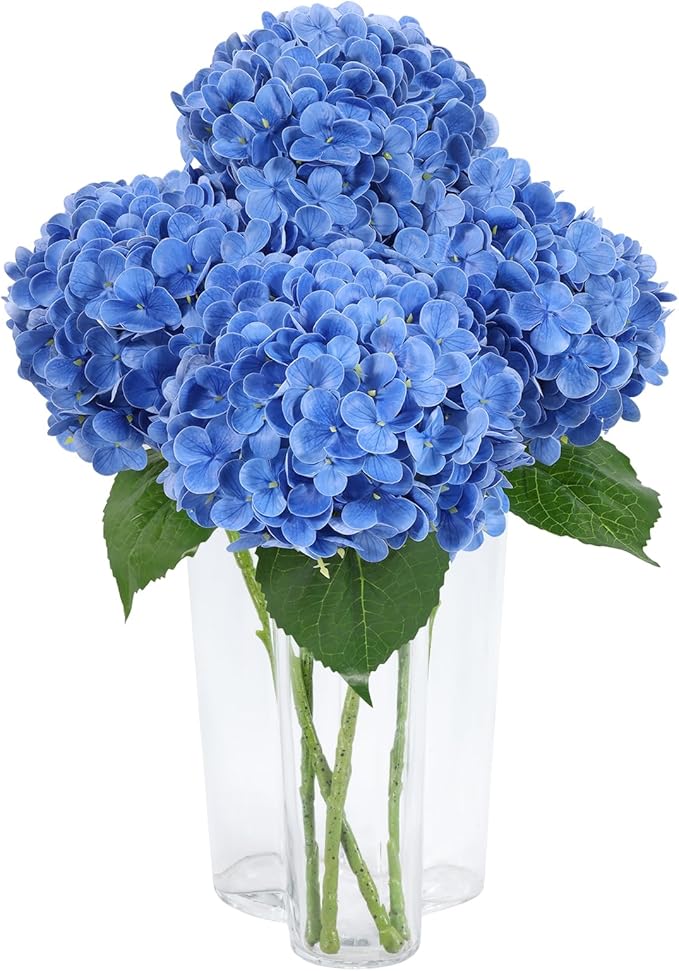 DuHouse 4Pcs Hydrangea Artificial Flowers,Latex Real Touch Hydrangeas with Long Stems & Leaves for Home Decor Party Floral Arrangements Wedding Bouquets Centerpieces(Dark Blue)