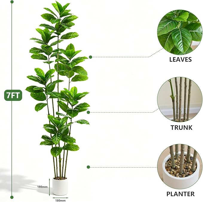 Ficus Tree Artificial Plants Indoor, 7FT Tall Fake Trees in White Pot, Large Potted Silk Floor Plant Artificial Trees, Green Lifelike Faux Ficus Tree for Home Room Office Porch Decor-Green