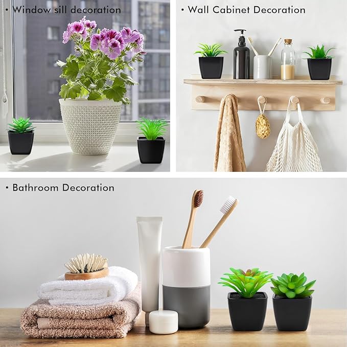 6 Pack Artificial Succulents Plants Potted Small Fake Greenery Plant Realistic in Black Pots for Office Desk Halloween Decorations Bedroom Living Room Shelf Bathroom Decor