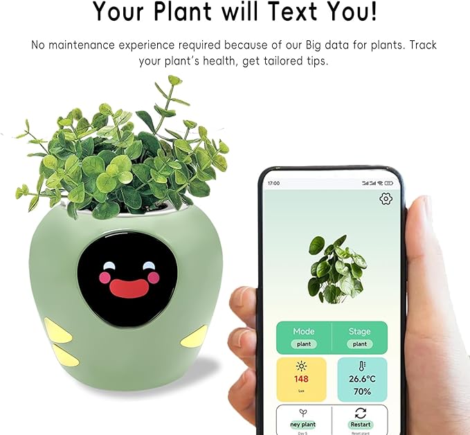 Smart Plant Pot with Expression, AI Intelligent Flower Pot for Indoor Decoration, Smart Garden Pot with Water/Light/Temperature Sensors, Ivy AI Planter (Green（Big）)