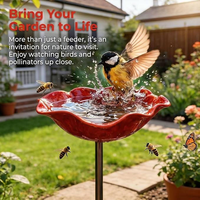Metal Flower Garden Stakes Bird Bath, Decorative Outdoor Bird Feeder for Garden Yard Art, Handmade Rustproof Metal Flower Stakes for Attracting Birds Backyard Lawn Patio Decorations (Rose Red)