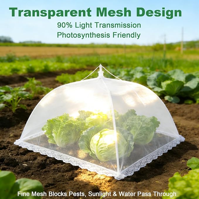 4 Packs Mesh Plant Cover with 16 Ground Stakes, Pop-up Mesh Plant Cover for Outdoor, Reusable Mesh Plant Protector for Vegetables Seedlings and Herbs, Strawberry Plant Protector(17 x 17 Inch)
