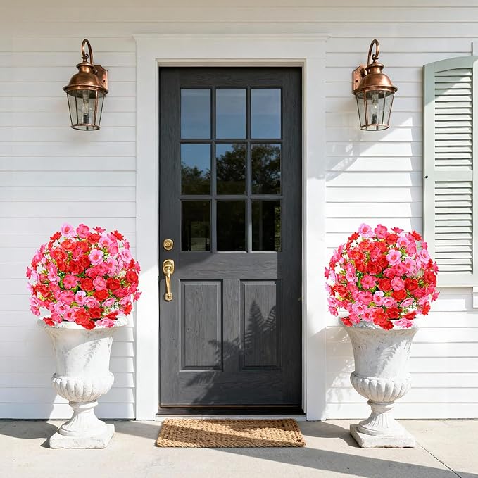 Waipfaru Set of 4 Artificial Boxwood Topiary with Colorful Flowers, 23" UV Resistant Fake Bushes Faux Outdoor Plants, Artificial Shrubs with Ground Spike for Outdoor Garden Front Porch(Red, Pink)