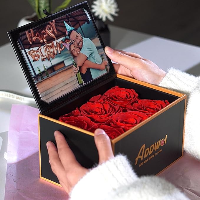 ADDWel Preserved Rose Gift Box with 4x6 Photo Frame, Romantic Flower Gifts for Women, Wife or Girlfriend, 6 Eternal Roses for Delivery on Christmas, Birthday, Anniversary, Valentine’s Day