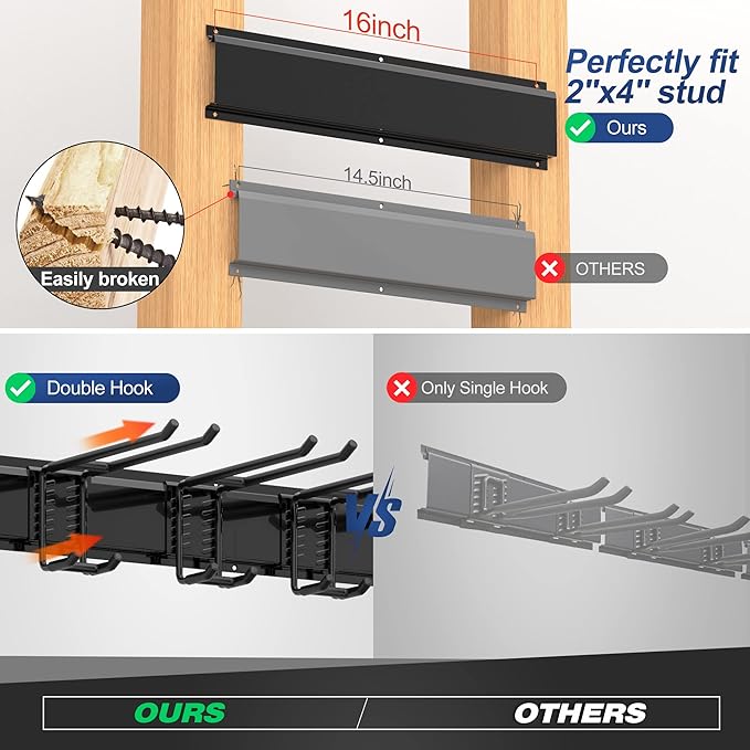 Sttoraboks Garage Tool Storage Rack, Heavy Duty Garage Storage Organizer Rack System Wall Mounted Tool with 12 double hooks, 4 rails Garden Tool Rack