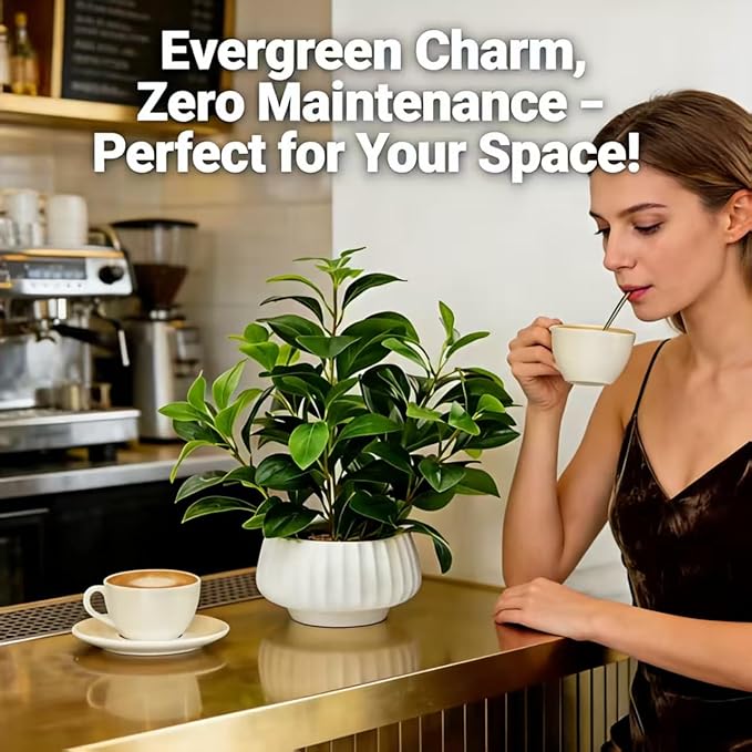 Artificial Peperomia Plant 16.5” Tall Lifelike Faux Greenery in 6” White Ribbed Ceramic Pot Realistic Indoor Fake Branches for Home Office Desk Shelf Bathroom Bedroom Farmhouse Decor