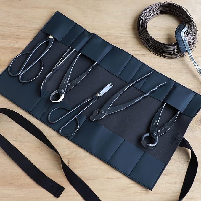 Wazakura Made in Japan Bonsai Tool Case with 16 pockets in Polyurethane Leather, Japanese Garden Tool Kit Roll Storage Bag - 16 Pockets Black PU Leather