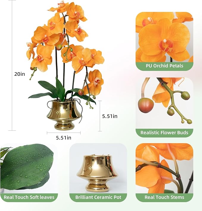 CXGS Orchids Artificial Flowers Realistic Fake Flowers in Ceramic Vase 20" Orange Faux Plants Indoor Lifelike Soft PU Phalaenopsis for Centerpiece Hotel Home Decor