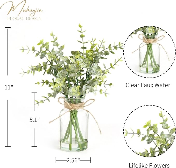 Muhanjia Artificial Eucalyptus Stems in Glass Vase with Faux Water,7Pcs Fake Plant for Centerpiece Bathroom Farmhouse Room Home Decor (Sage Green Eucalyptus)