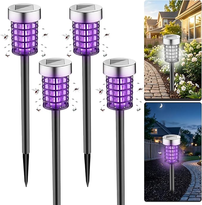 4Pack Solar Bug Zapper Outdoor Mosquito Repellent Outdoor,Waterproof Mosquito Zapper for Outside,Mosquito Trap Used to Repel Gnat Small Flying Insect,Solar Fly Zapper for Garden Yard Patio