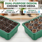 Seed Starter Kit with Grow Light, Elevated Seedling Tray Kit with Adjustable Humidity Dome and Clear Cell Tray, 12 Full Spectrum Led Beads for Seed Starting Greenhouse, 6 Pack, Green