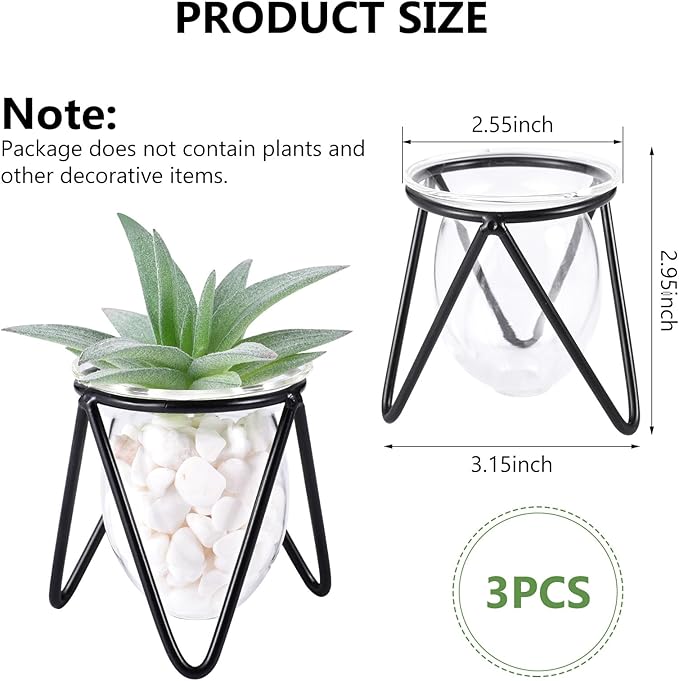 Jspupifip 3 Pcs Glass Plant Terrarium with Metal Stand, Air Plants Holders Hydroponic Plant Vases Desktop Bulb Glass Vase for Indoor Plants Home Garden Office Decoration, Black