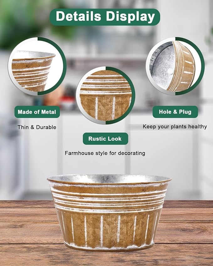 vensovo 8 Inches Brown Metal Rustic Plant Pots - 6Pcs Shallow Galvanized Planters with Drain Hole and Rubber Plug, Rustproof Tin Bucket Succulent Pot Indoor Farmhouse Vintage Style for Decor