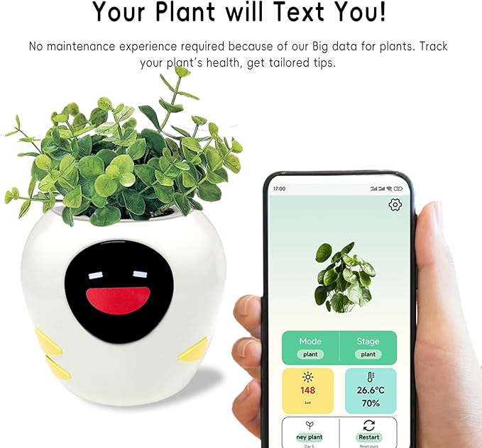 Smart Plant Pot with Expression, AI Intelligent Flower Pot for Indoor Decoration, Smart Garden Pot with Water/Light/Temperature Sensors, Ivy AI Planter (White（Big）)