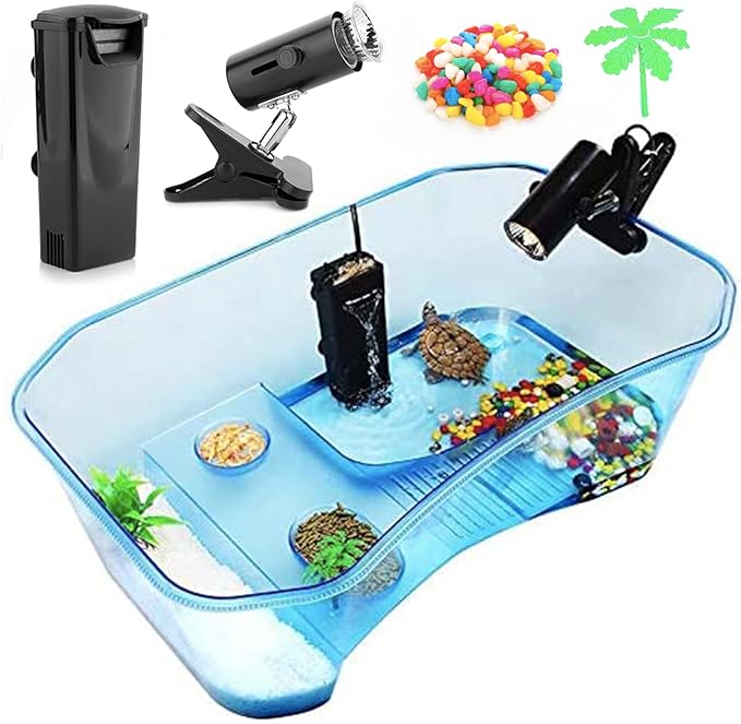 Turtle Tank with Multi-Function Areas, Easy Assembly, Ideal for Small Turtles & Reptiles, Includes Plastic Tree & Fishing Net