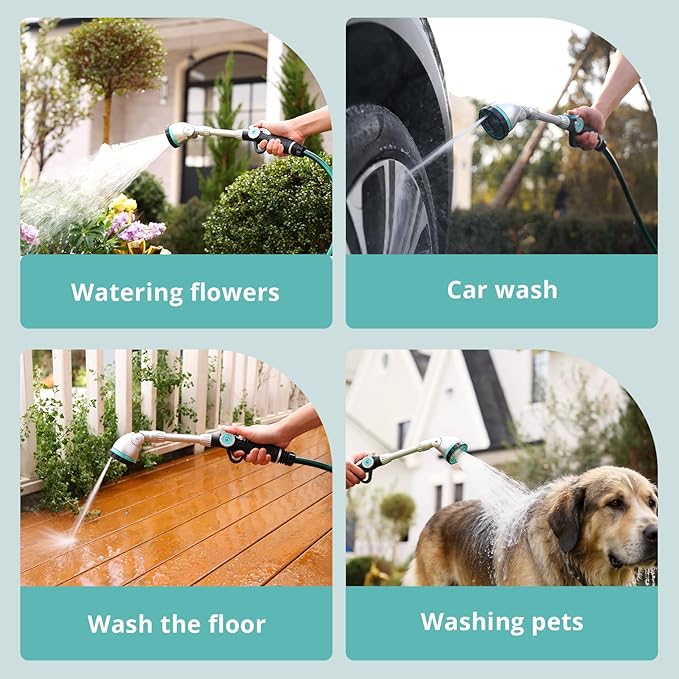 QUOBAS 16 Inch Watering Wand, Heavy Duty Garden Hose Sprayer with 90° Adjustable Head, Thumb Control & 6 Spray Patterns,Long Reach Hose Nozzle for Hanging Plants, Lawn, Garden & Outdoor Cleaning