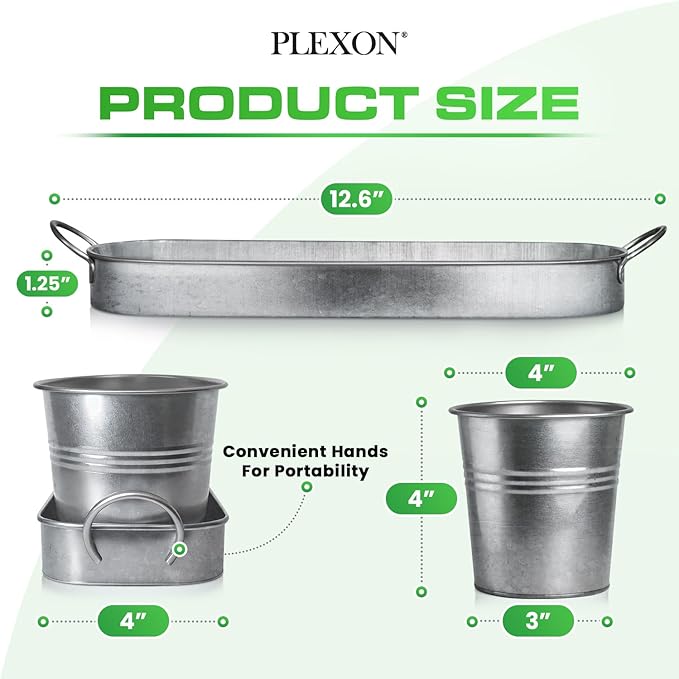 Plexon Herb Planter Indoor Garden Set of 3 with Tray, Metal Herb Pots for Indoor Plants, Round Kitchen Garden Kit Ideal for Windowsill Planter or Countertop, Galvanized Steel