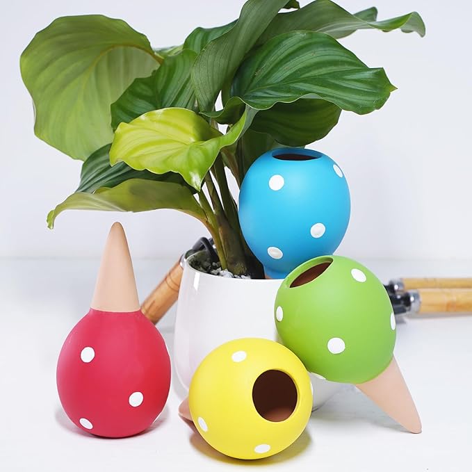 Terracotta Self Watering Spikes, 4 Pack Watering Globes for Indoor Outdoor Plants, Slow Release Plant Self Watering Planter Insert Devices for Travel, Vacation, Garden Care, Cute Small Ball Shape