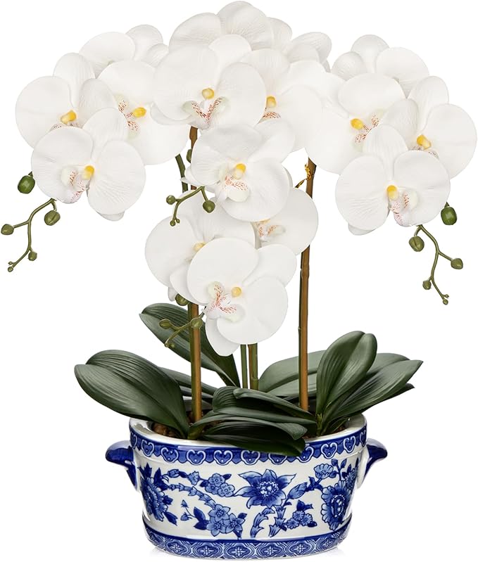 Briful Orchid Artificial Flowers in Blue and White Porcelain Pot 19.7" White Faux Silk Orchid Arrangement Large Fake Orchid Floral Centerpiece for Elegant Home Office Living Room Kitchen Table Decor