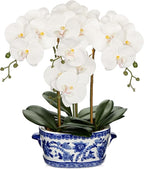 Briful Orchid Artificial Flowers in Blue and White Porcelain Pot 19.7" White Faux Silk Orchid Arrangement Large Fake Orchid Floral Centerpiece for Elegant Home Office Living Room Kitchen Table Decor