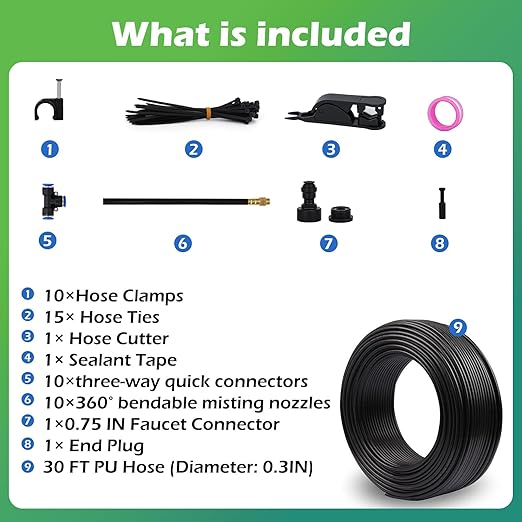 Drip Irrigation System 30 FT with 10 Nozzles, 360° Adjustable Bendable Garden Watering Misting System for Greenhouse, Yard, Lawn, Plant, Garden, 1/4 inch Hose