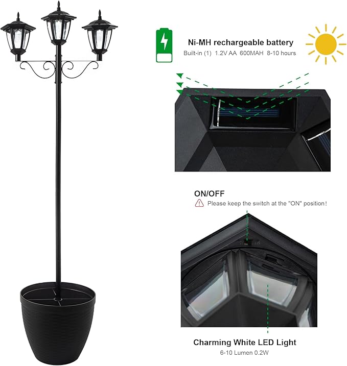 Glitzhome 74” H Outdoor Solar Lamp Post Light Oversized with Planter Pot - 3 Head Solar Lamp Post with Planter for Lawn, Pathway, Driveway, Front/Back Door - Warm White