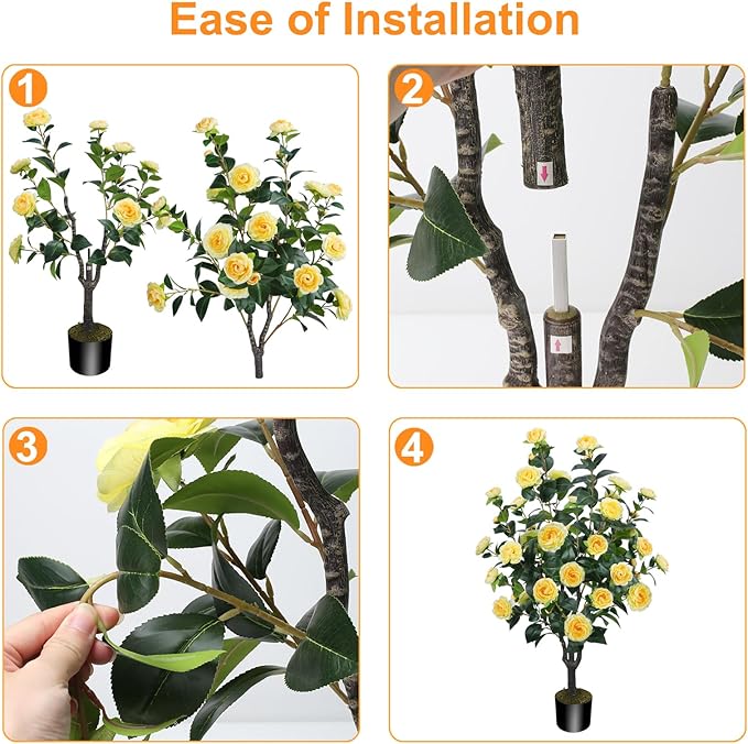 3.6FT Artificial Camellia Fake Tree, Artificial Plants & Flowers with 32 Yellow Flowers for Door Front Decoration Porch Patio Living Room Office Indoor Outdoor Decor (2PCS Contains Faux Moss)