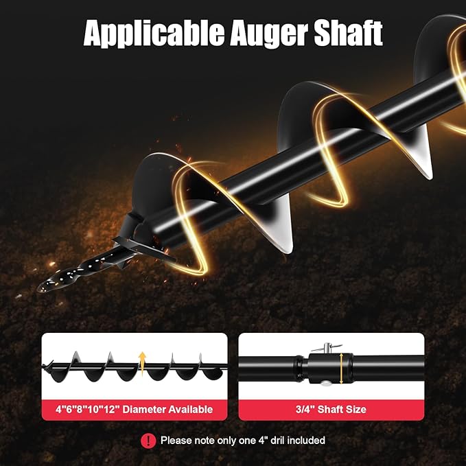 1500W Electric Post Hole Digger with 4-inch Auger Bit & 11.81inch Extension Rod, 1.6HP Pure Copper Motor Earth Auger Fence Post Digger for Post Holes Earth Digger Planting, 190-200 RPM