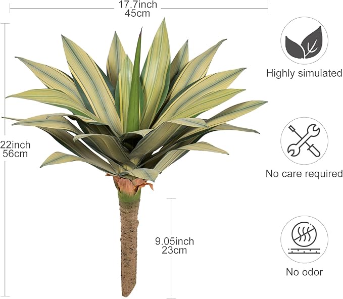 Artificial Agave Plant Outdoor 22” Tall, Large UV Resistant Fake Agave Plants with 23 Pre-Dusted Leaves, Faux Succulents Plant for Home Front Porch Patio Garden Yard Indoor Decor 2Pack