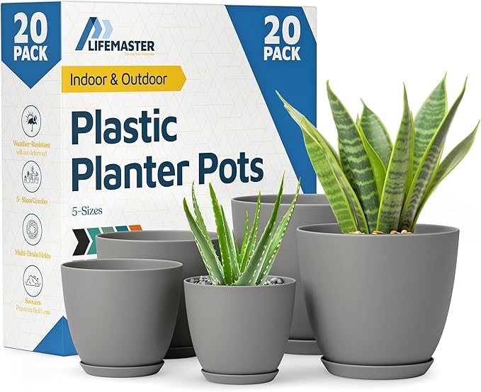 Planter Pots with Drainage Holes - Lightweight, Durable & Space-Saving Pots for Indoor and Outdoor - Versatile Functionality, Simple Modern Design, Set of 20 Plastic Planter Pots - Gray