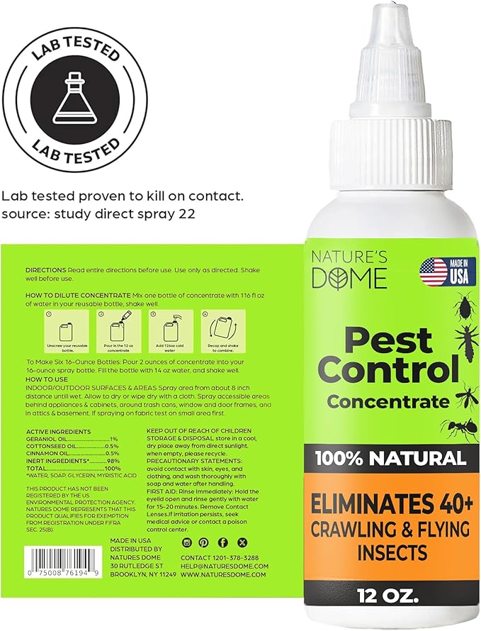 Nature’s Dome Pest Control Concentrate Spray 12 Oz | Natural, Eco-Friendly Bug & Ant Spray that Makes 1 Gallon | Eco-Friendly Bug Spray for Flea, Ticks, Ant & Mosquitos | Safe for Pets & Kids