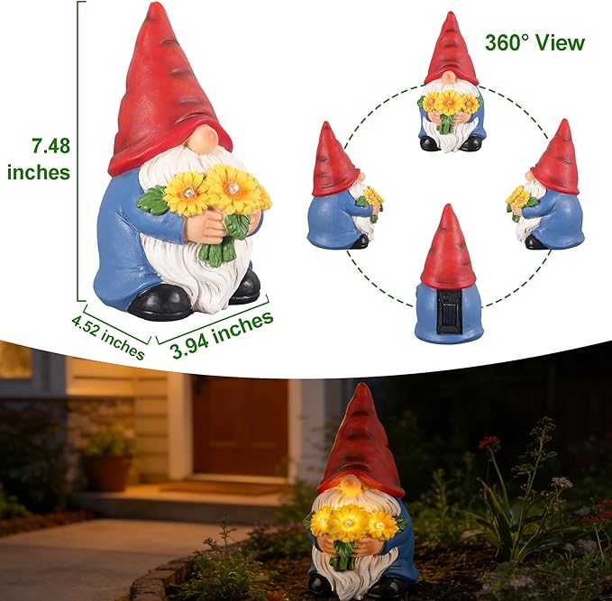Gnomes Solar Garden Decor Garden Statues Sunflower Gnome Figurines Birthday Gifts for Women Mothers Day Gifts for Mom Grandma Outdoor Decorations for Yard Lawn Patio