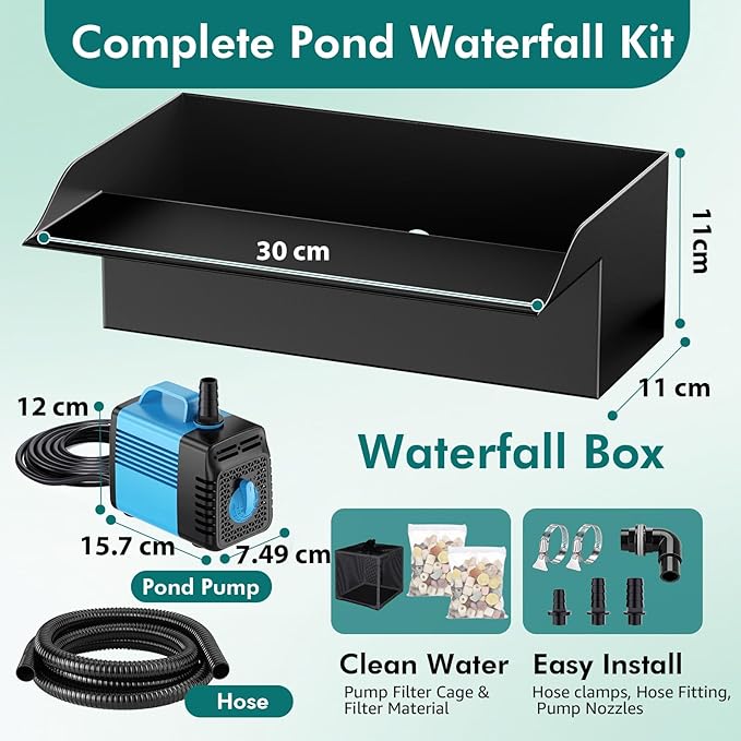 Pond Waterfall Spillway Kit, 12" Pond Waterfall Filter with 660GPH Waterfall Pump & Filter Cage, 10 Ft Corrugated Tubing for Outdoor Garden Ponds, Backyard Water Features