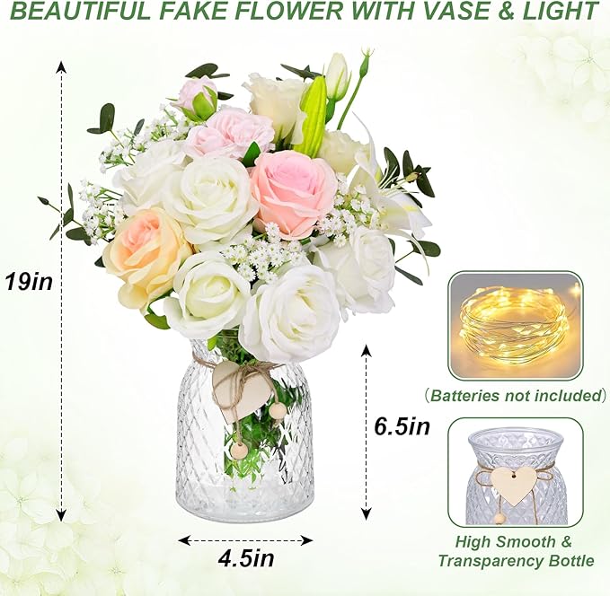 Livole 22Pcs Fake Flowers with Vase Silk White Artificial Flowers in Vase with Light Fake Plant Eucalyptus Flower Arrangement for Table Centerpieces Decor for Living Room Coffee Home Farmhouse