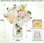 Livole 22Pcs Fake Flowers with Vase Silk White Artificial Flowers in Vase with Light Fake Plant Eucalyptus Flower Arrangement for Table Centerpieces Decor for Living Room Coffee Home Farmhouse