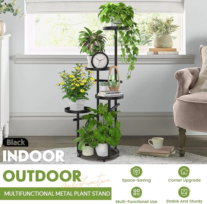 TOSKING 5-Tier Tall Plant Stand Indoor & Outdoor, Anti-Tip Round Base for Pots, Child and Pet Friendly, Heavy Duty Corner Shelf for Multiple Plants, Space-Saving Design for Living Room Balcony Garden (Black, 38in)