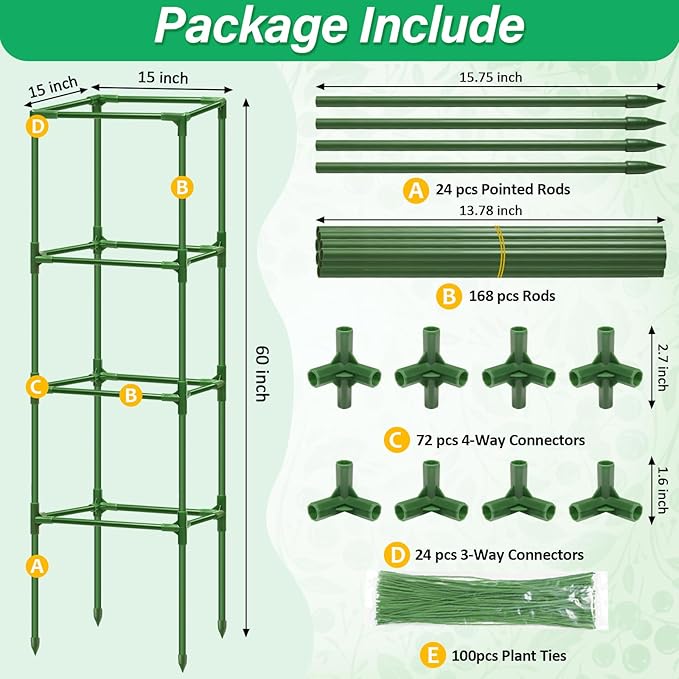 6 Pack Square Tomato Cages for Garden, 60 Inch Adjustable Tomato Stakes, Metal Tomato Trellis, Garden Plant Support for Potted Climbing Plants, Vegetables Flowers Fruits, Raised Garden Bed