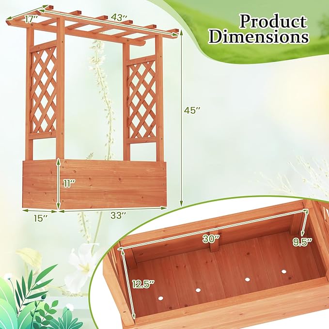 HAPPYGRILL Raised Garden Bed w/Trellis, 2 Wooden Elevated Planter Box w/Hanging Roof, Drainage Holes & Removable Bottom Panels for Climbing Vine Flower, Indoor Outdoor Wood Planter for Yard Patio