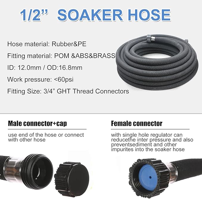 Taisia 1/2" Soaker Hose 50 ft Round Rubber Garden Water Hoses, Heavy Duty Drip Hose for Watering Irrigation, Water Seeper Soaker Hoses for Garden, Lawn and Plants