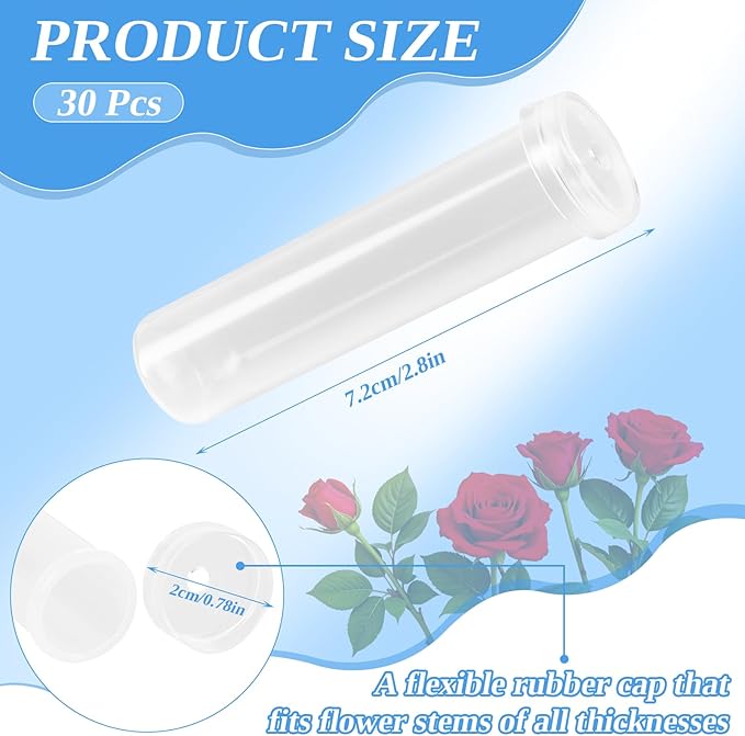 STEFORD 30 Pack Flower Water Tubes with Caps, 2.8 Inch Leak-Proof Plastic Clear Reusable Floral Water Tube for Fresh Flowers Single Stem Rose Arrangement Bouquet Accessories