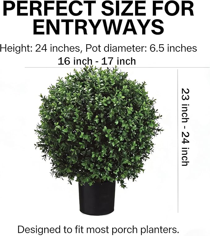 Artificial Boxwood Topiary Trees, 24 Inch Faux Plants for Front Door Porch Decor, 2 Pack UV Resistant Fake Greenery in Pots for Patio Entryway Indoor Outdoor