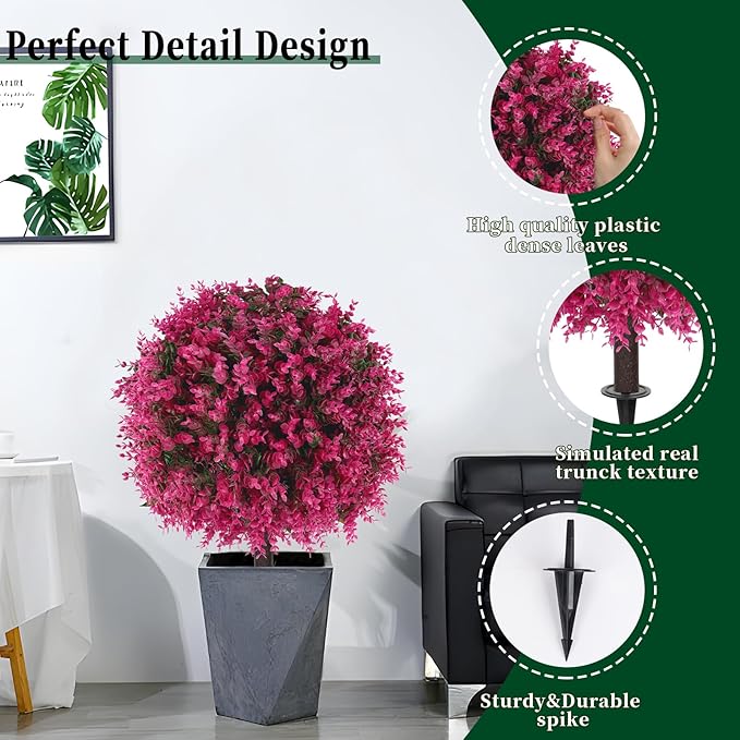 Artificial Pink Eucalyptus Topiary Ball Trees, 2 Set of 16'' UV Resistant Fake Evergreen Shrubs Bushes Plants with Ground Spike, Fake Plants for Outdoor Indoor Front Porch Garden