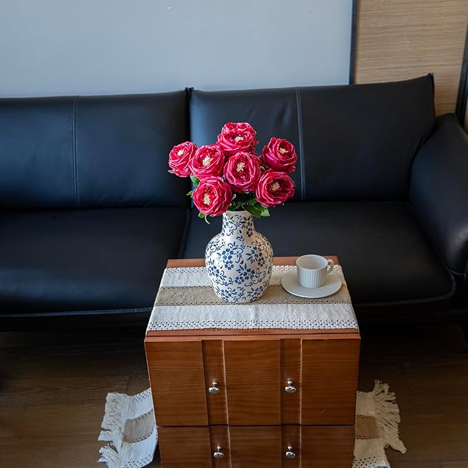 DUYONE Fake Flowers for Decoration Home Decor Artificial Flowers Austin Rose Peony Latex Fake Flower Living Room Decoration Vivid Pink Roses Peonies (Red 4pcs)