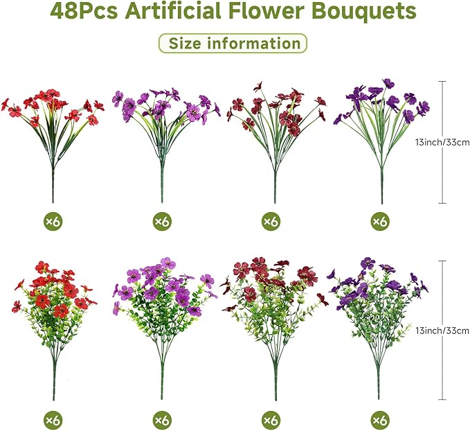 Alupssuc 48 Bundles Artificial Flowers for Outdoors Decoration, UV Resistant Silk Faux Floral Spring Fake Plastic Plants Greenery for Outside Indoor Garden Porch Window Box Home Decor(4 Colors)